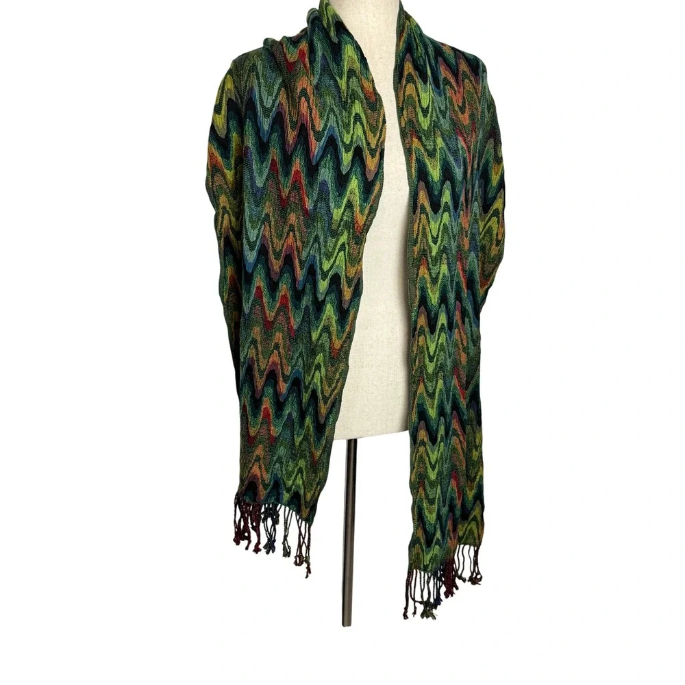 Multicolor Chevron Zig Zag Knit Scarf with Fringe Trim Emerald Red Yellow Wrap
